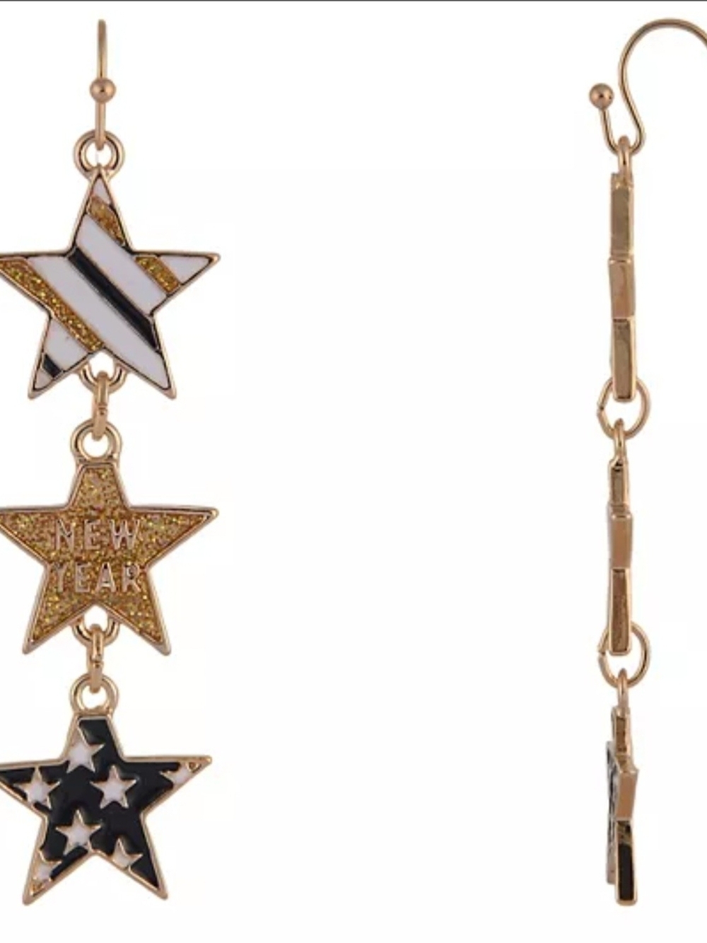 Gold Tone Star Drop Earrings with Black, White & Gold Accents